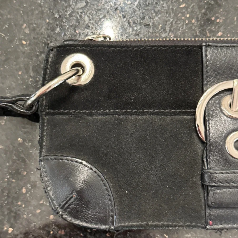 Black‎ Suede Leather Wristlet Clutch Bag Purse Buckle Detail Zip Top Moto Style
